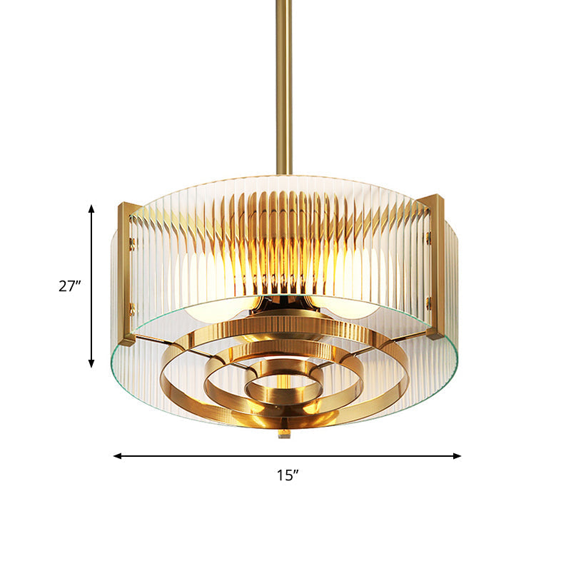 Modern Brass Drum Chandelier Lamp Clear Lattice Glass Hanging Light For Kitchen 3 Bulbs
