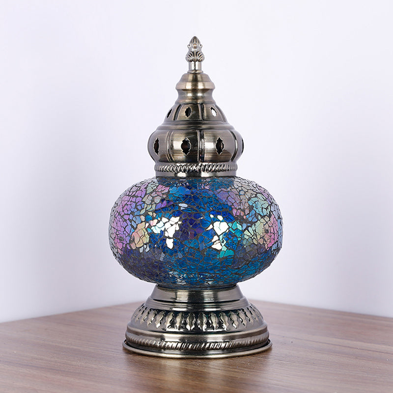 Mediterranean Blue Stained Glass Table Lamp With Tower Shape - Perfect For Bedroom Nightstand