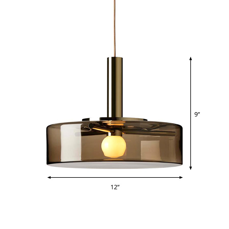 Modern Drum Pendant Lamp in Smoke Gray Glass - 1-Bulb Hanging Light for Living Room Down Lighting