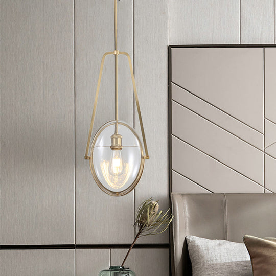 Sleek Gold Elliptical Hanging Ceiling Light With Clear Glass Drop - Ideal For Dining Room 1 Head