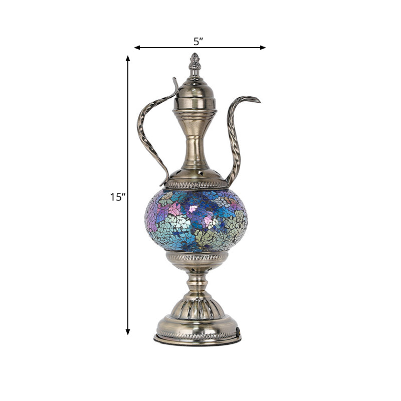 Vintage Teapot Night Table Lamp - Pink/Purple/Blue Stained Glass Bedroom Nightstand Light