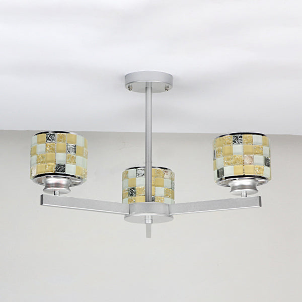 Modern Mosaic Chandelier with Drum Shade - 3 Lights, Blue/Yellow - Perfect for Bathrooms