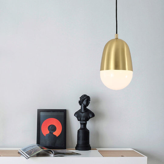 Minimalist Metal Pill Hanging Lamp With Brass Pendant And 1 Bulb - Stylish Ceiling Light For Bedroom