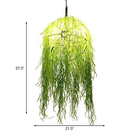 Industrial Green Metal Chandelier with Bell Cage Design and Wicker Ornament, 18"/21.5" Wide - Hanging Ceiling Light with 3 Heads