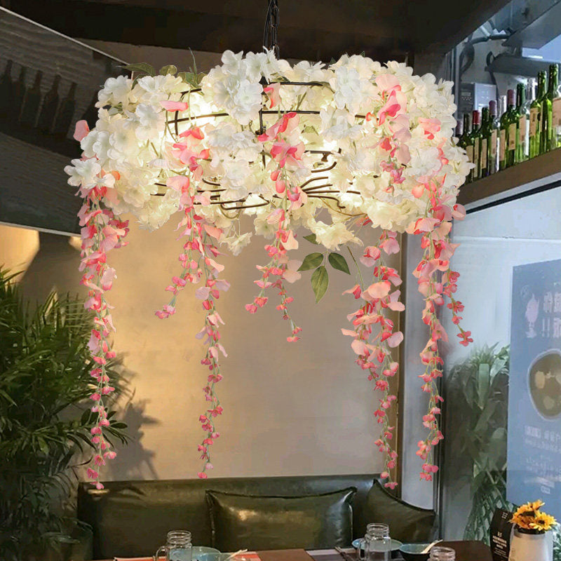 Industrial Metal Chandelier With Pink Flower Decoration - 4/5 Lights Restaurant Hanging Light