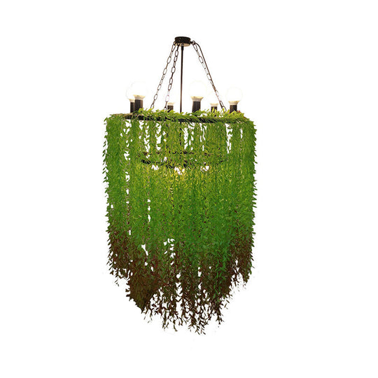 Cylinder Chandelier Lamp: 6 Heads, Industrial Green Metal with Plant Decoration - Suspension Lighting