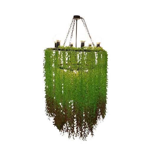 Industrial Green Metal Chandelier Lamp - 6 Heads Cylinder Suspension Lighting With Plant Décor