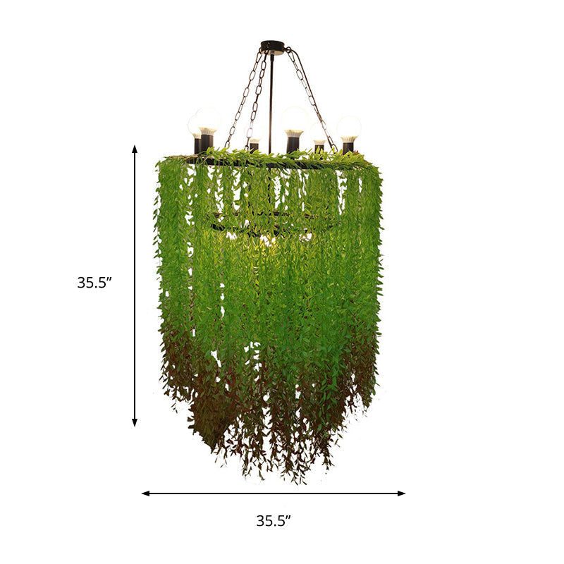 Industrial Green Metal Chandelier Lamp - 6 Heads Cylinder Suspension Lighting With Plant Décor