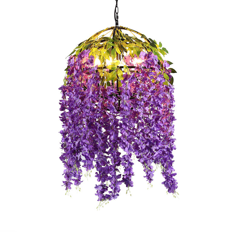 Metal Dome Pendant Chandelier With Pink/Purple Shades & Plant Design - 4/5 Heads 18/21.5 Wide