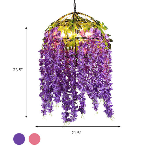 Metal Dome Pendant Chandelier With Pink/Purple Shades & Plant Design - 4/5 Heads 18/21.5 Wide