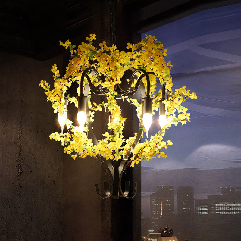 Industrial Yellow Metal Chandelier Light - 5 Heads Lantern Ceiling Pendant with Flower Decoration