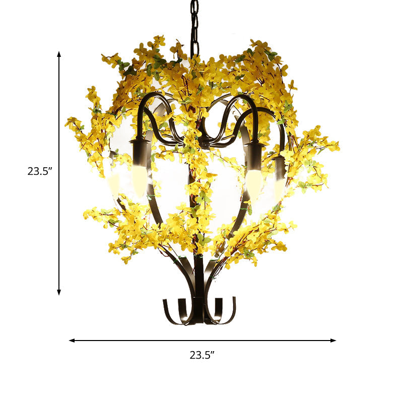 Industrial Yellow Metal Chandelier Light With 5 Heads & Flower Decoration