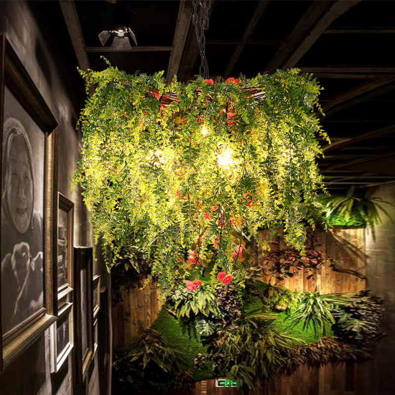 Green LED Industrial Metal Chandelier with Plant Decoration - 18"/23.5"/31.5" Wide