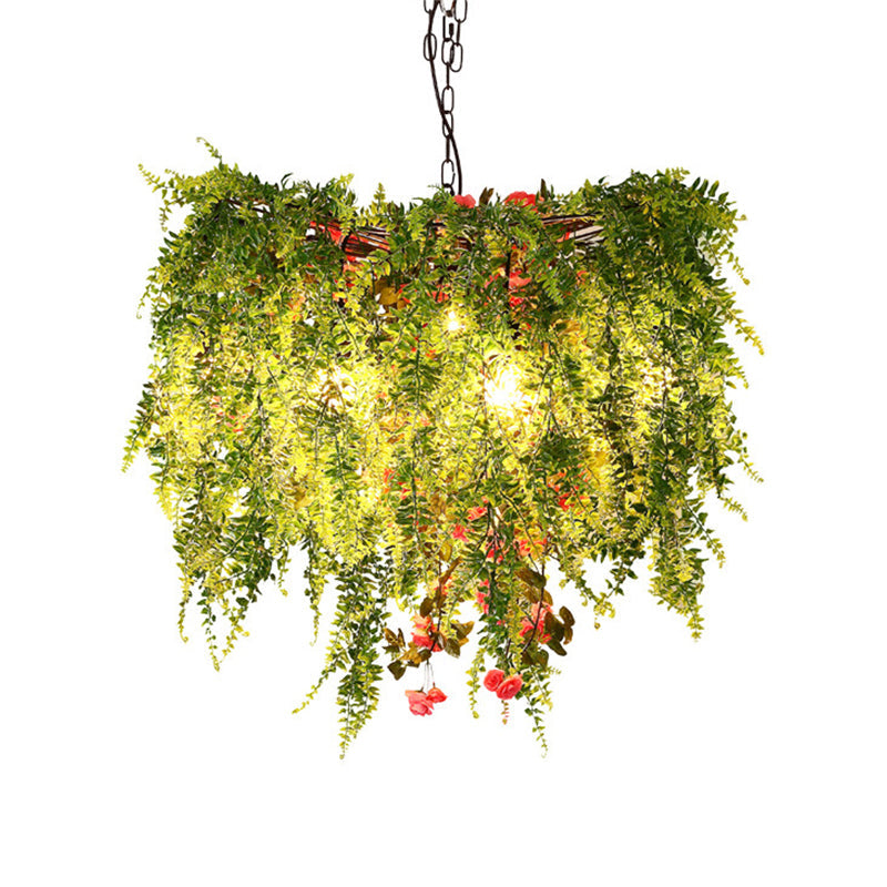 Green Led Industrial Metal Cage Chandelier With Plant Decoration 18/23.5/31.5 Wide
