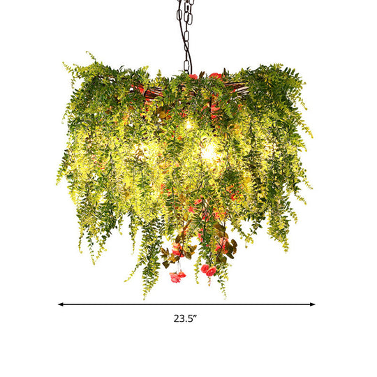 Green LED Industrial Metal Chandelier with Plant Decoration - 18"/23.5"/31.5" Wide