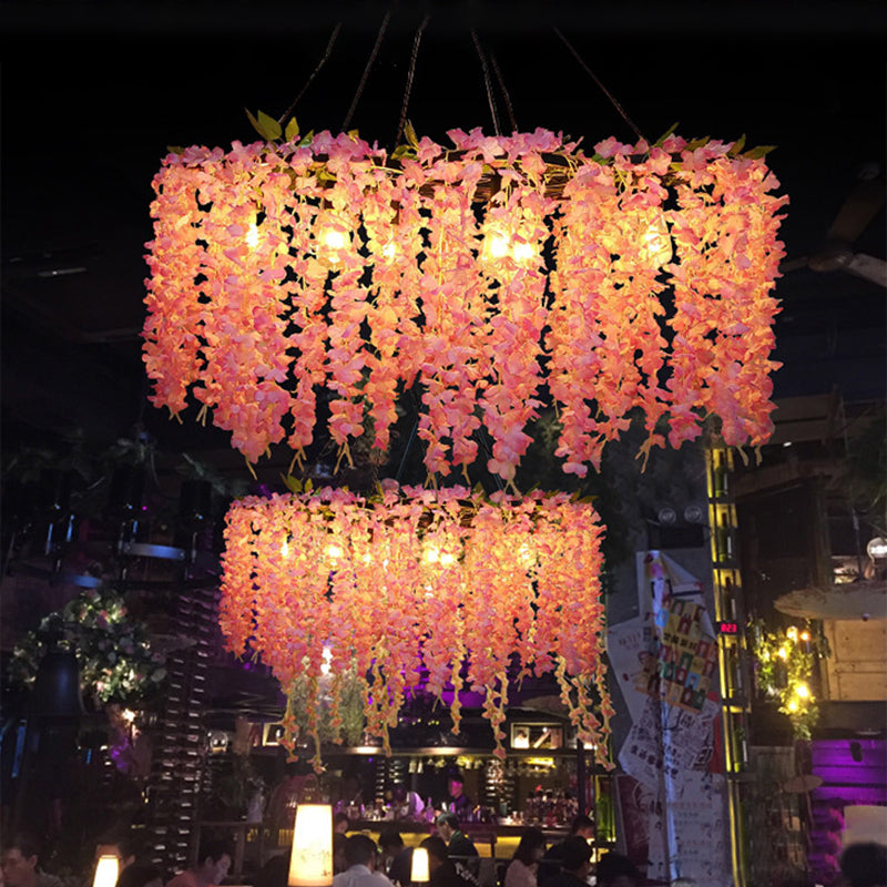 Industrial Metal Drum Chandelier Pendant Light With 3/6 Orange-Red Heads For Restaurant Ceiling
