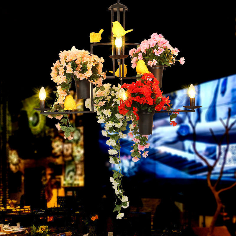 Industrial Black Metal Chandelier Pendant Light With 6-Head Candelabra And Flower Decoration