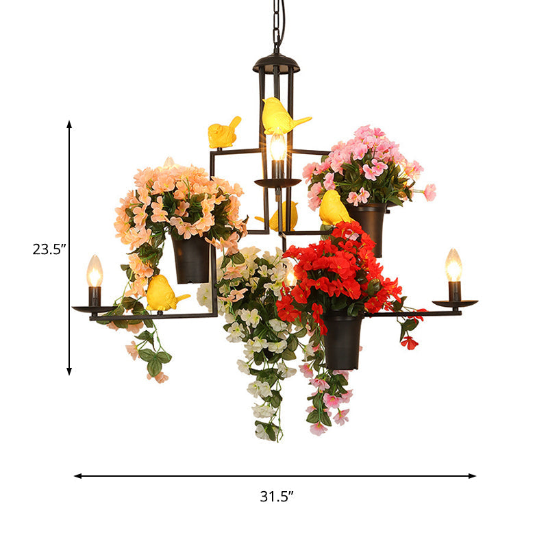 6-Light Industrial Black Metal Chandelier Pendant with Flower Decoration—Graceful Candelabra Suspension