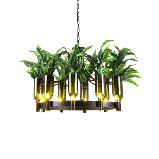 Industrial Metal 10-Head Green Chandelier Ceiling Lamp With Plant Décor For Restaurants