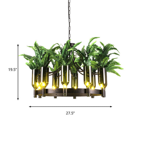 Industrial Metal 10-Head Green Chandelier Ceiling Lamp With Plant Décor For Restaurants