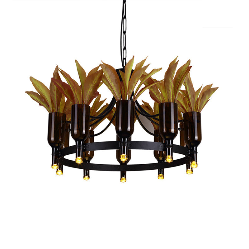 Industrial Round Pendant Light with Plant Decor and 10 Black Metal Lights