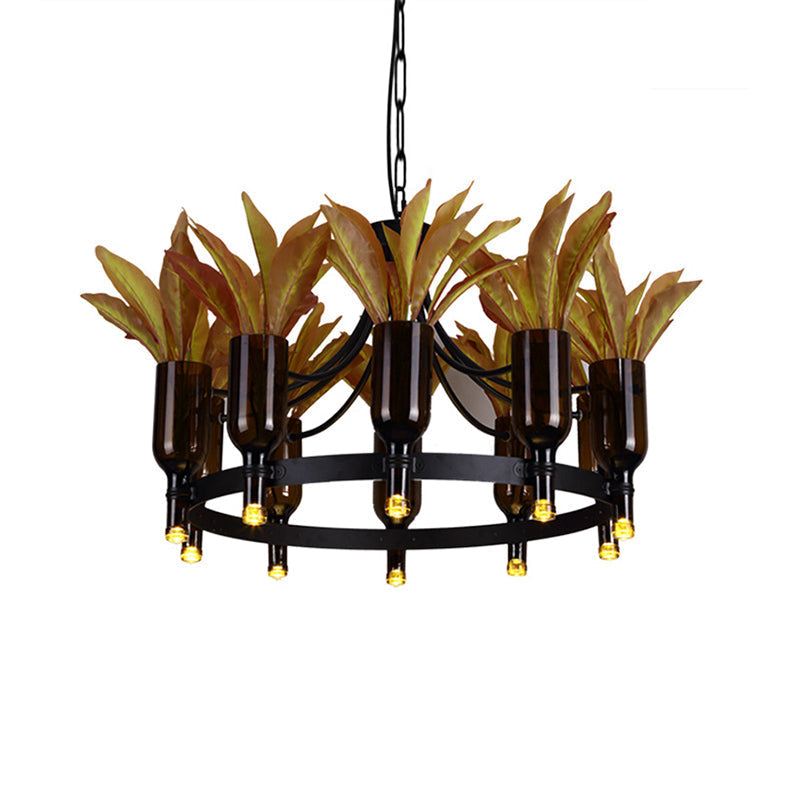 Industrial Black Metal Chandelier With 10 Hanging Heads And Plant Décor