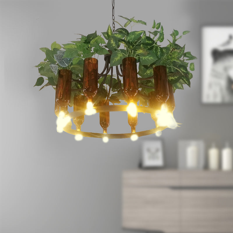 Green Wagon Suspension Light - Industrial Metal 10-Head Chandelier with Plant Deco - Perfect for Restaurants