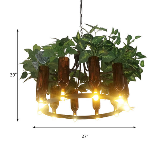 Green Wagon Suspension Light - Industrial Metal 10-Head Chandelier with Plant Deco - Perfect for Restaurants
