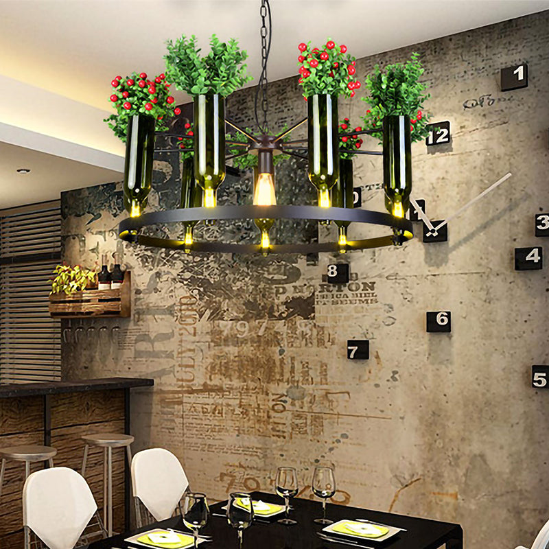 Industrial Green Metal Chandelier with Plant Decoration - 7/10 Head Round Ceiling Light