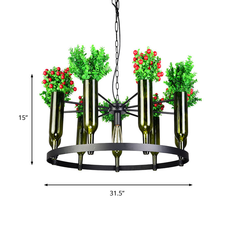 Industrial Green Metal Chandelier with Plant Decoration - 7/10 Head Round Ceiling Light