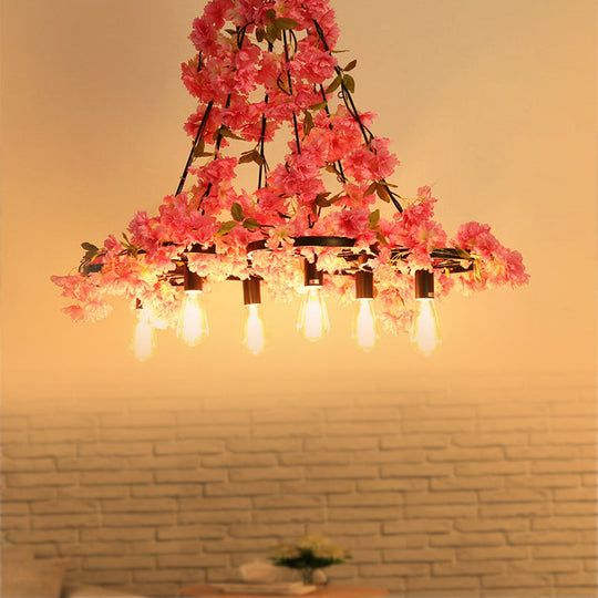 Bare Bulb Industrial Chandelier - LED Pink Flower Restaurant Hanging Lamp (6 Bulbs)