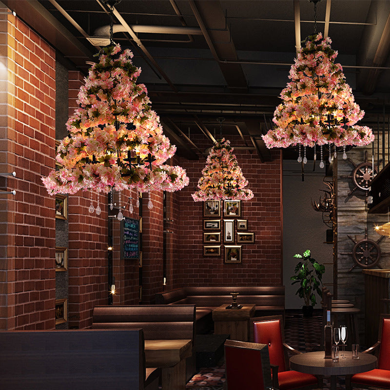Retro Metal Flower LED Chandelier Lighting with 6 Pink Bulbs - Perfect for Restaurants