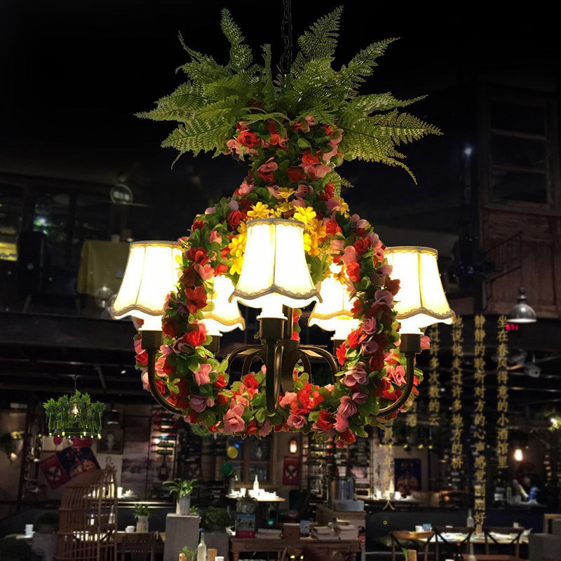 Industrial Black Chandelier with LED Fabric Flower Design - 5-Light Hanging Lamp