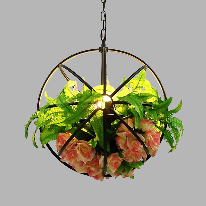 Antique Global Hanging Chandelier With Metal Led Rose Pendant In Black - 4 Bulb Light Fixture