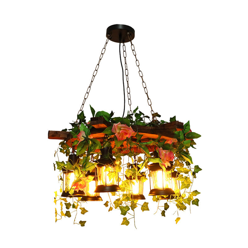 Antique Metal Chandelier with 6 LED Heads and Green Plant Decoration for Restaurant Pendant Lighting