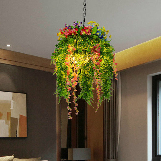 Vintage Metal Pendant Chandelier - Green Plant Design | Led Ceiling Light With 3 Bulbs Ideal For