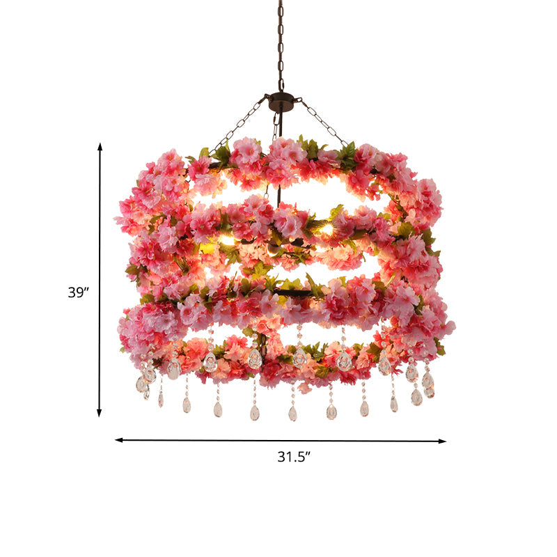 Vintage Round Chandelier Pendant Light in Pink with Crystal Accents - Metal LED Flower Design, 6 Bulbs