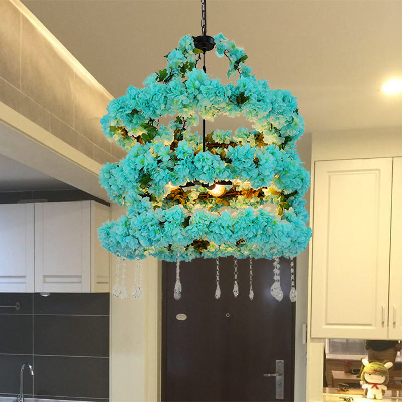 Vintage Metal Flower Chandelier With Blue Led Suspension And Crystal Accent