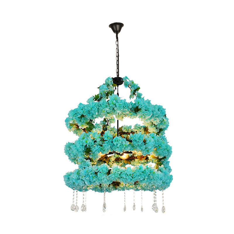 Vintage Metal Flower Chandelier With Blue Led Suspension And Crystal Accent