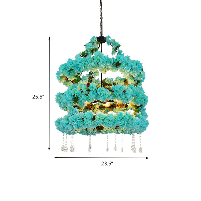 Blue Vintage Metal Flower Chandelier with Crystal Accent and LED Suspension Pendant