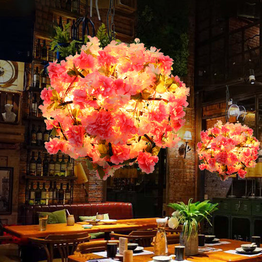 Industrial Metal Pink Led Chandelier With Cherry Blossom Detail - Ball Restaurant Light