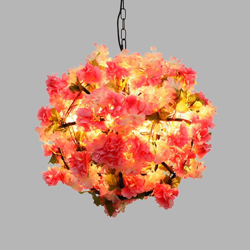 Industrial Metal Ball Chandelier Light with Pink LED Bulbs and Cherry Blossom Design