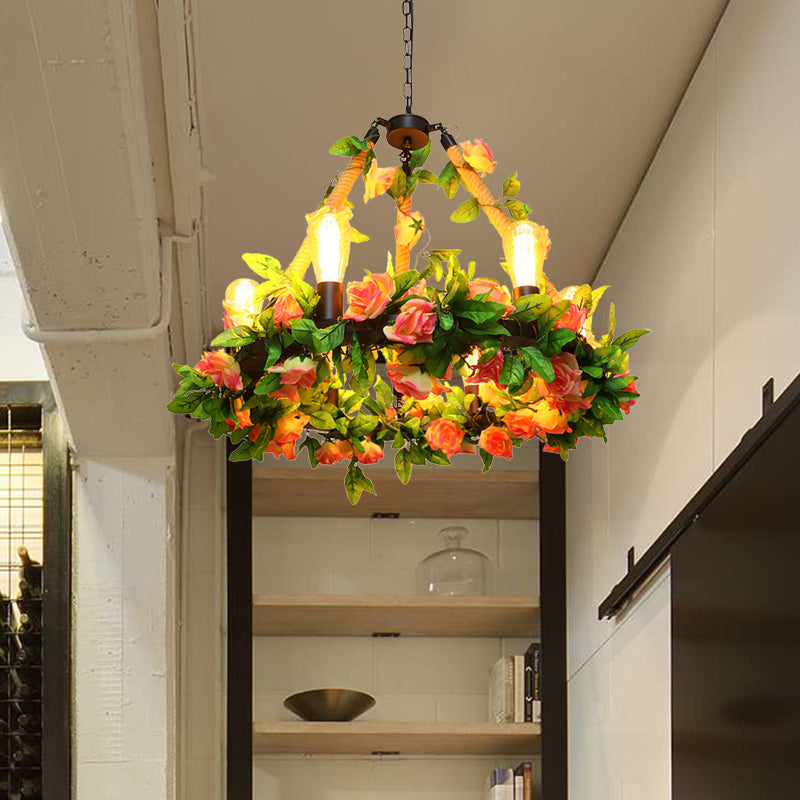 Metal Black Hanging Chandelier - Antique Led Rose Pendant 6 Bulb Heads Ideal For Restaurants