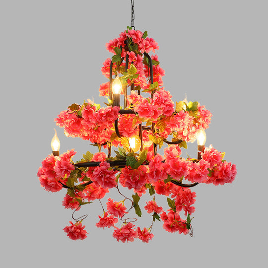 Vintage Metal Chandelier Lighting - Cherry Blossom Restaurant | 7 Lights - Rose Red LED Suspension Lamp