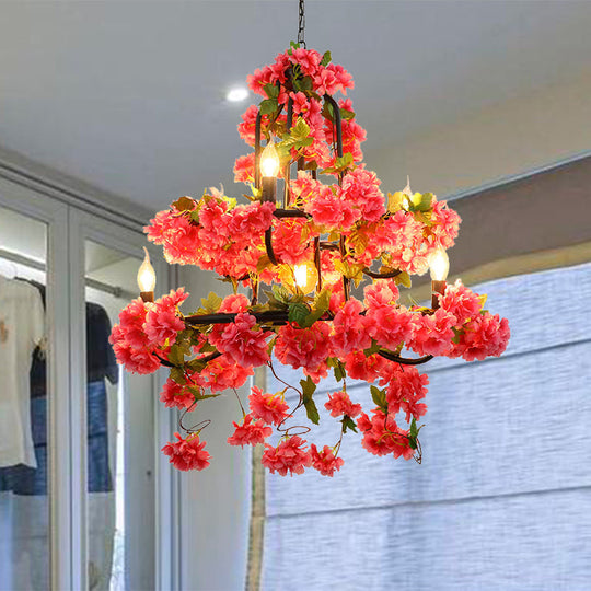 Vintage Metal Cherry Blossom Chandelier With 7 Rose Red Led Lights For Restaurant Lighting