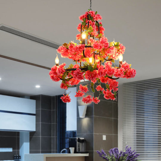 Vintage Metal Chandelier Lighting - Cherry Blossom Restaurant | 7 Lights - Rose Red LED Suspension Lamp