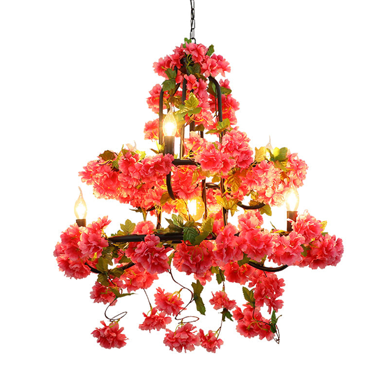Vintage Metal Chandelier Lighting - Cherry Blossom Restaurant | 7 Lights - Rose Red LED Suspension Lamp