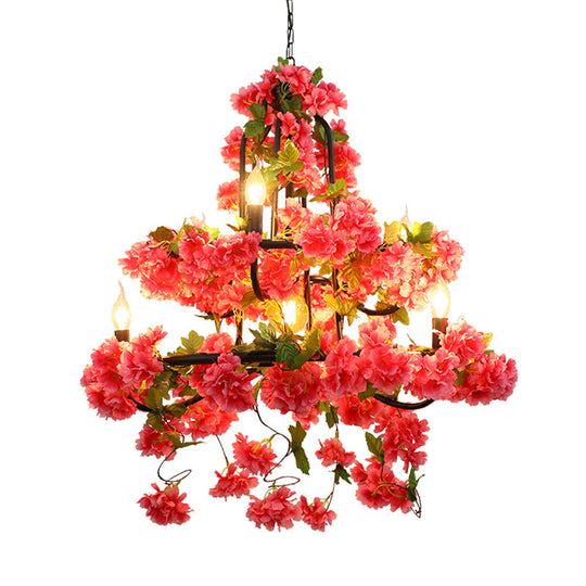 Vintage Metal Cherry Blossom Chandelier With 7 Rose Red Led Lights For Restaurant Lighting