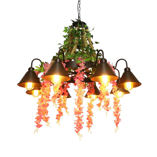 8-Head Black Chandelier Lamp: Antique Metal Blossom Design with LED Down Lighting - Perfect for Restaurants