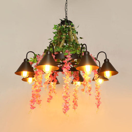 8-Head Black Chandelier Lamp: Antique Metal Blossom Design with LED Down Lighting - Perfect for Restaurants